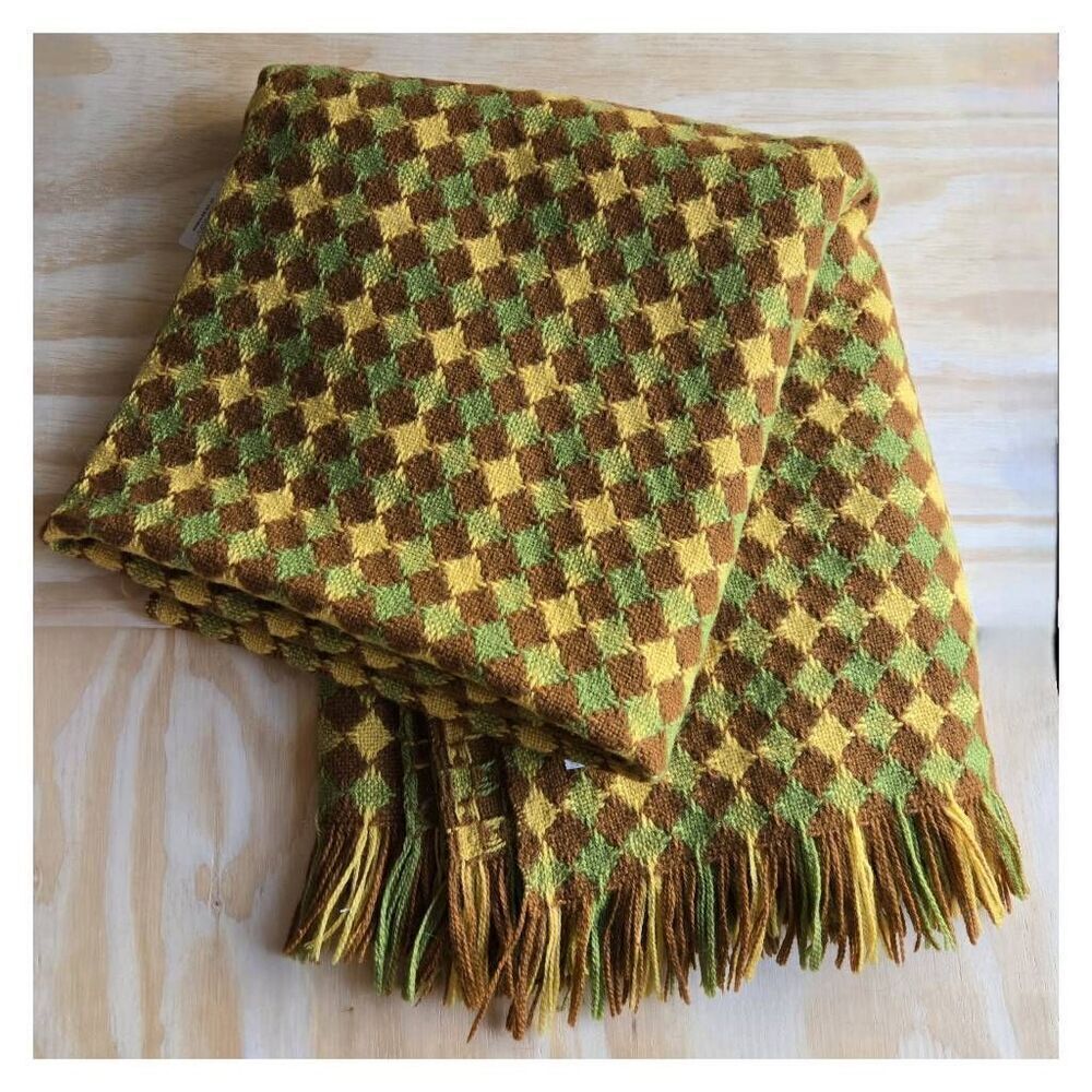 Vintage 1960's Farbio Woven Checkered Throw Blanket